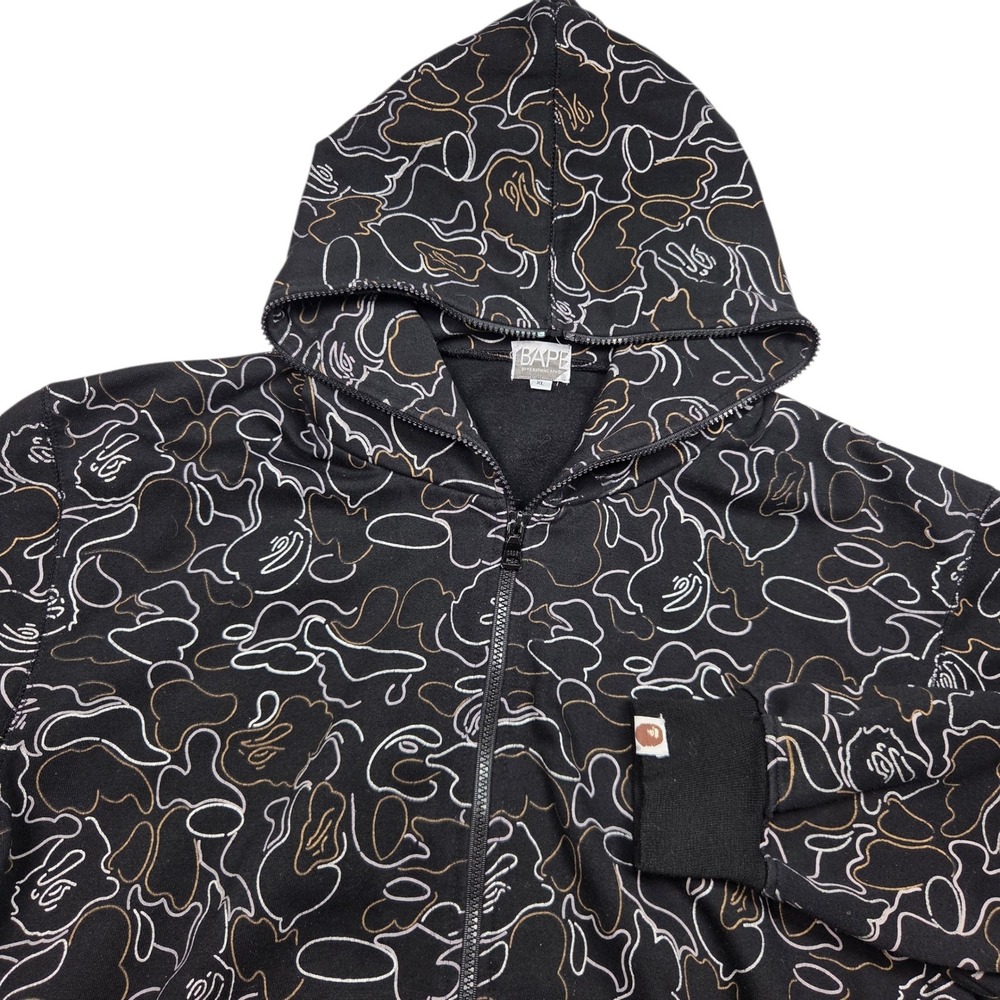BAPE Full Zip Hoodie Mens XL Black Gold Line Camo Made in Japan Streetwear